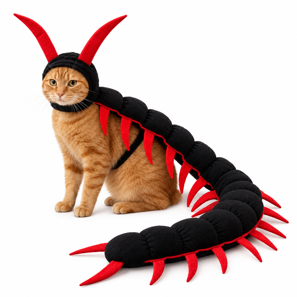 Chat roux portant le costume mille-pattes d'Halloween, finition Red