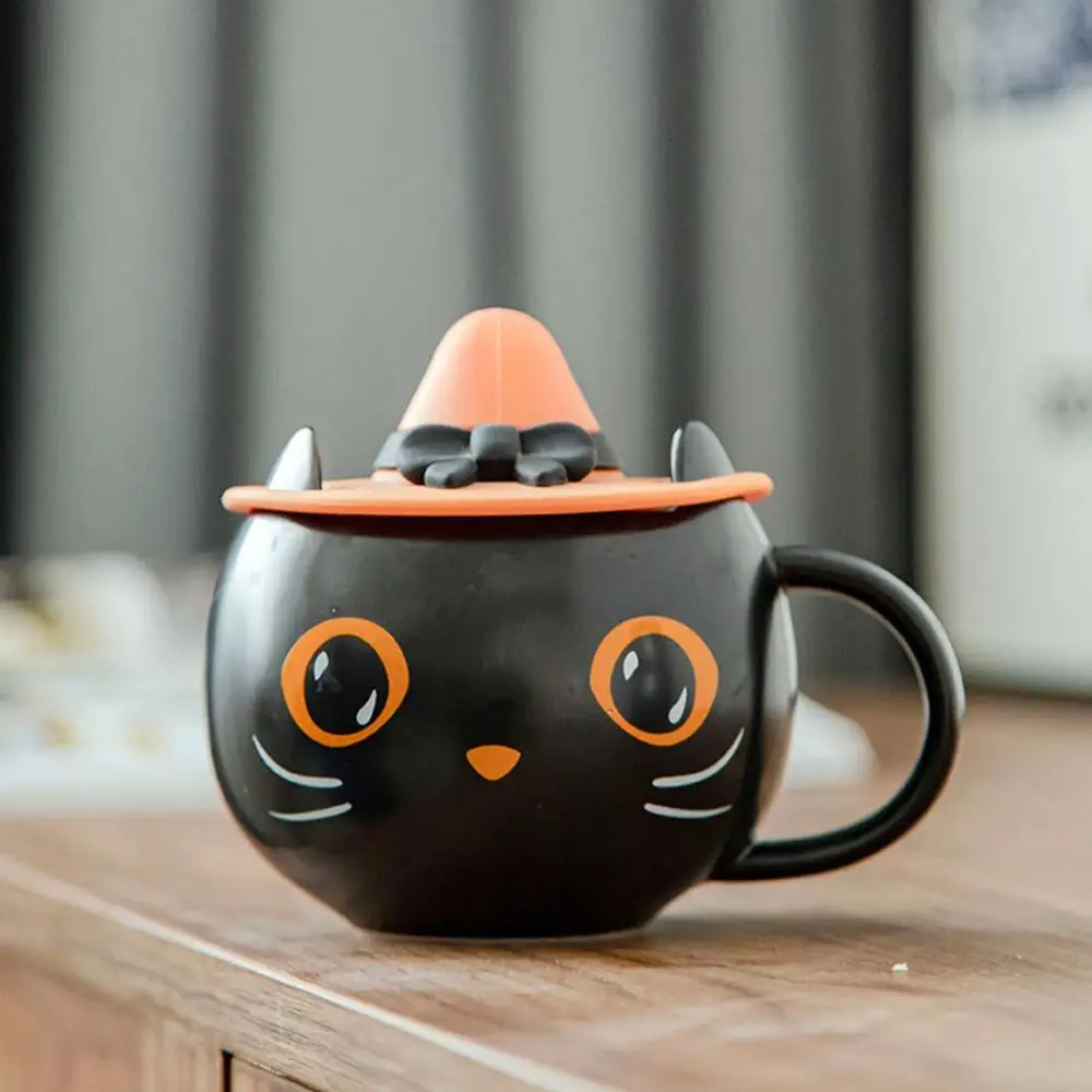 Mug gatto nero Halloween con coperchio cappello da strega