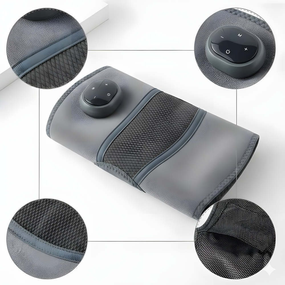 Graue wärmende Kniebandage flach, Stoff- und Gehäusedetails