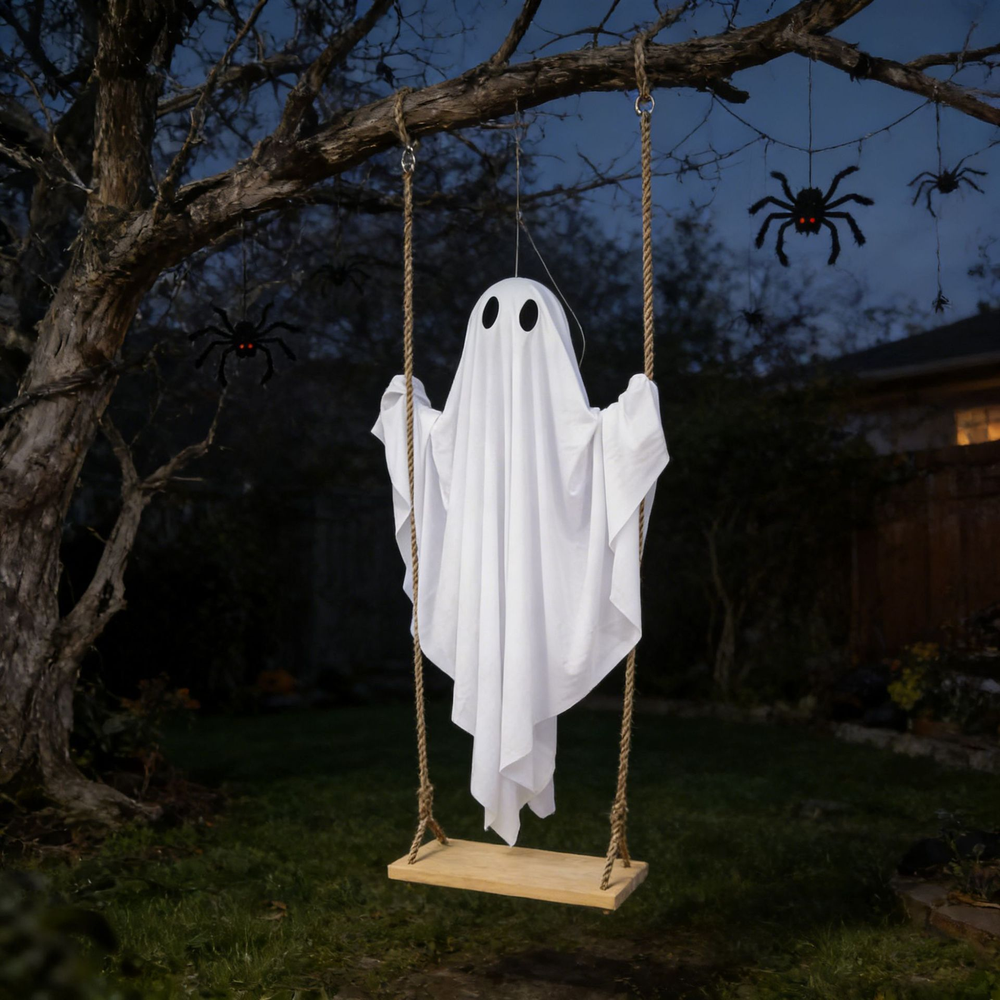 Geist auf Schaukel an einem Ast in einem Garten