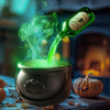 Chaudron noir d'Halloween et bouteille de potion versant une brume verte