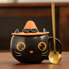 Mug chat noir avec couvercle chapeau et cuillère dorée