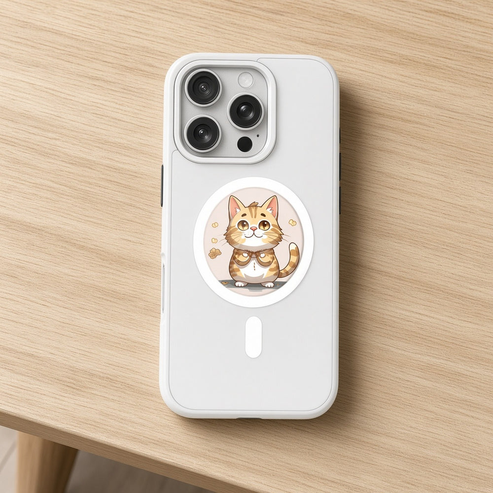 Weiße NFC-Hülle mit rundem E-Ink-Display, das eine gezeichnete Katze zeigt, auf einem Schreibtisch aus hellem Holz