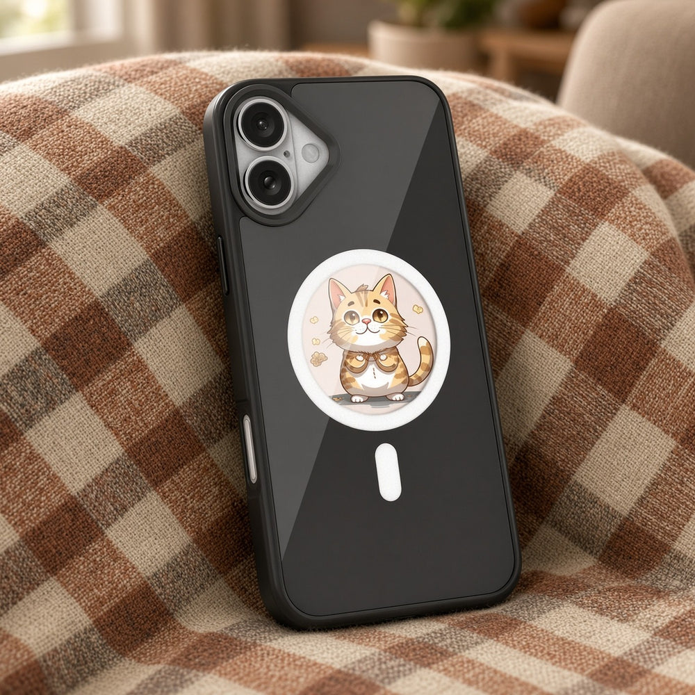Schwarze NFC-Hülle mit rundem E-Ink-Display, das eine gezeichnete Katze zeigt, auf einer karierten Decke auf einem Sofa