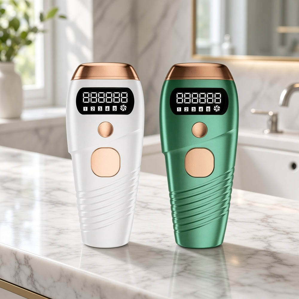 Épilateurs laser IPL blanc et vert posés sur un plan de toilette en marbre
