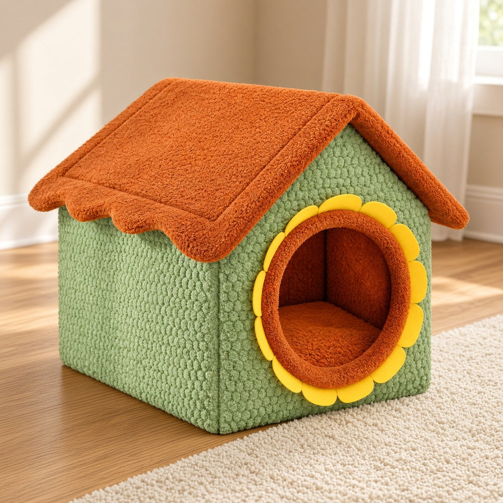 Grünes Filz-Katzenhaus mit orangefarbenem Dach auf einem hellen Teppich, nahe einem Fenster mit weißen Vorhängen