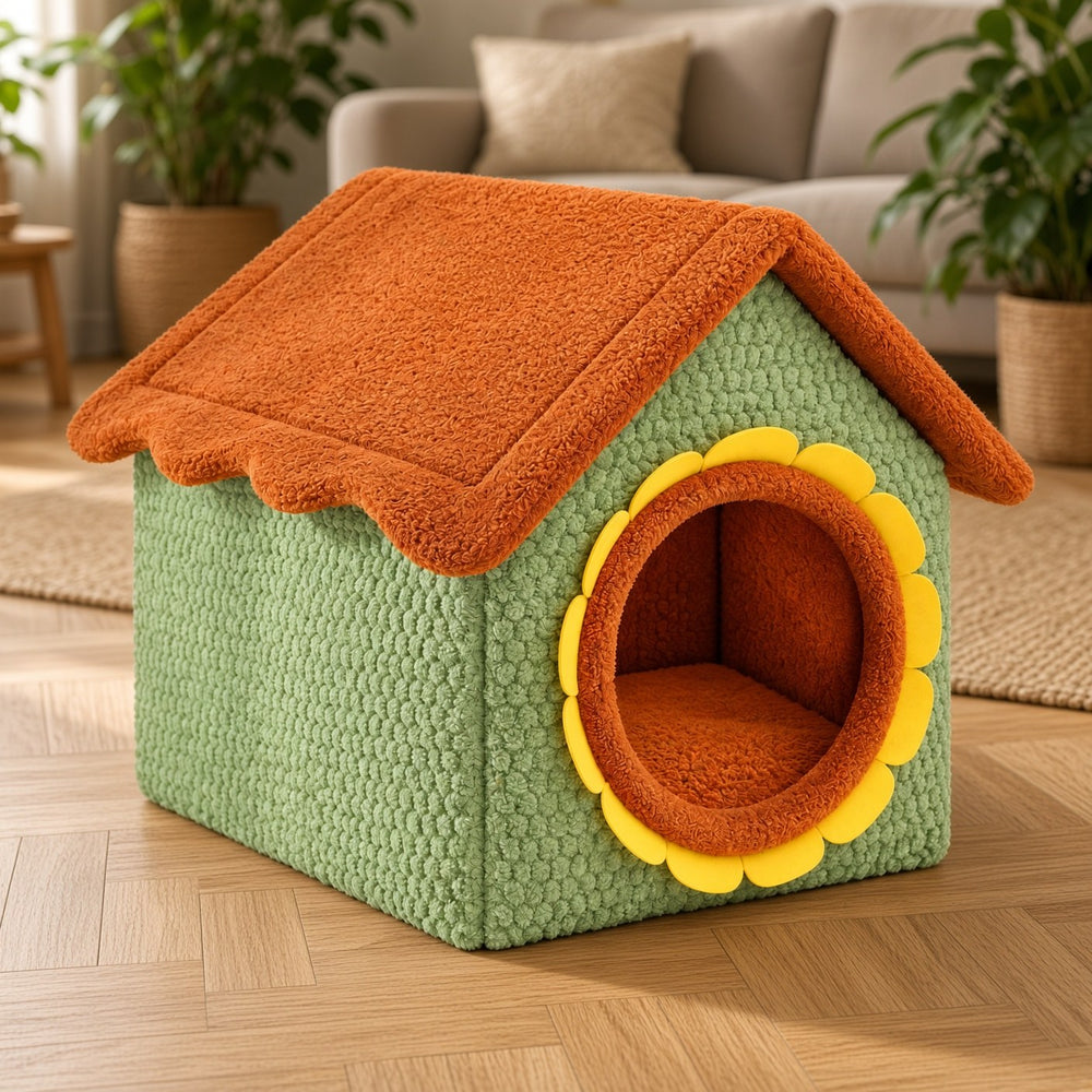 Grünes Filz-Katzenhaus mit orangefarbenem Dach und blumenförmigem Eingang auf dem Parkettboden eines Wohnzimmers