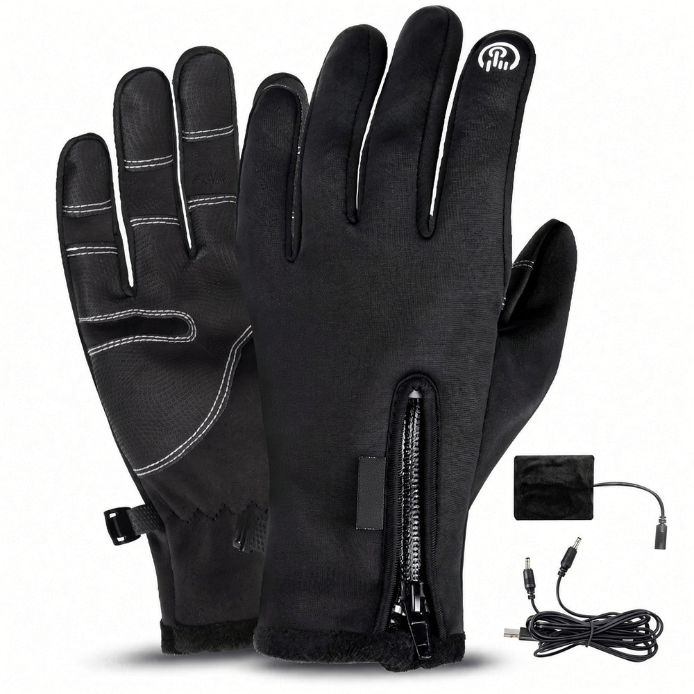Paire de gants chauffants tactiles noirs, boîtier et câble USB