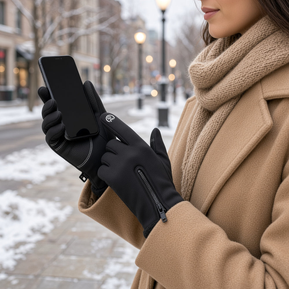 Gants chauffants tactiles portés en ville en hiver, téléphone en main